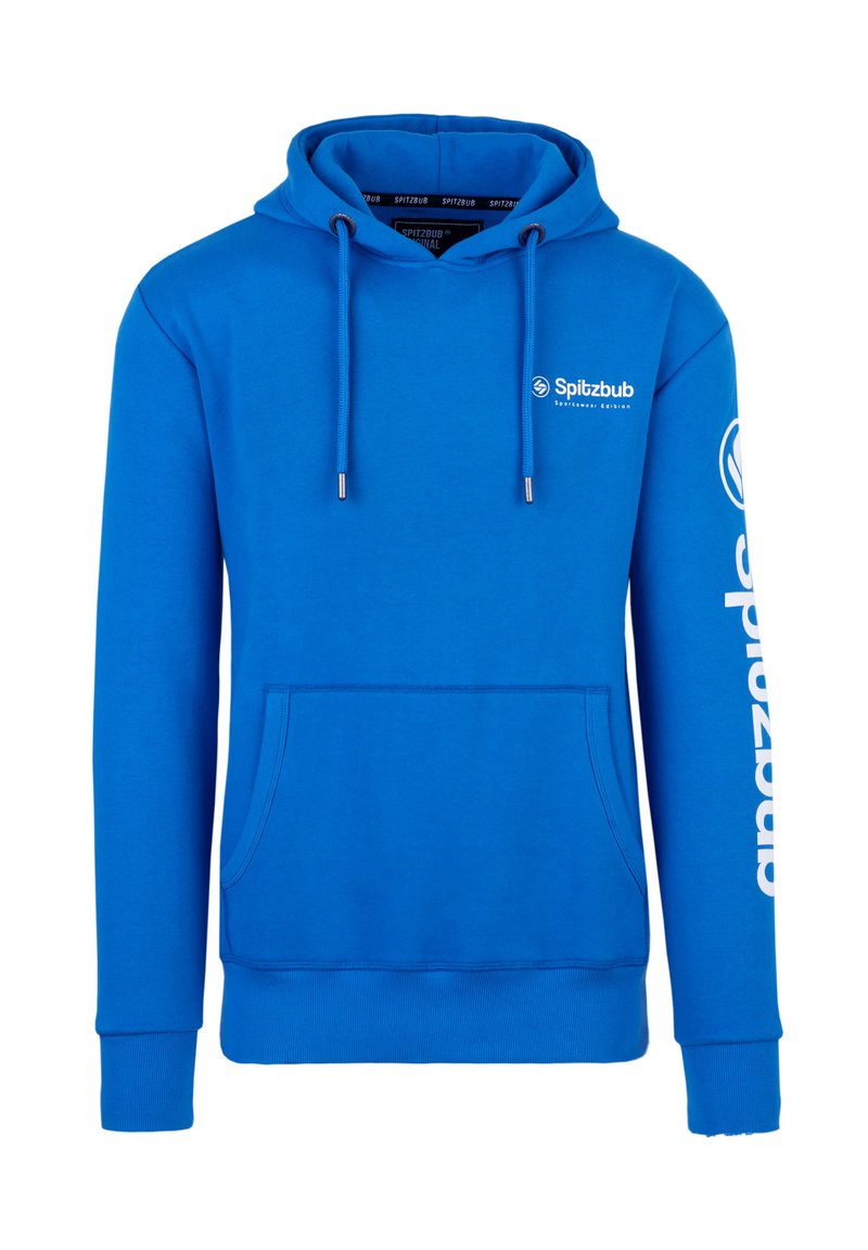 Heldere blauwe hoodie met een voorzak, trekkoorden, het "Spitzbub"-logo op de borst en grote "Spitzbub"-tekst die langs de rechter mouw loopt.