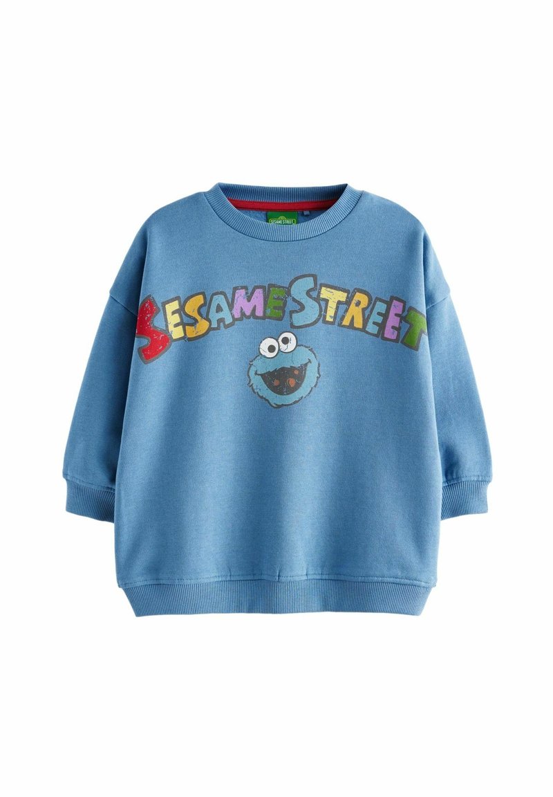 Sweat-shirt bleu pour enfants avec le texte coloré « Sesame Street » et le visage souriant de Cookie Monster centré sous le texte.