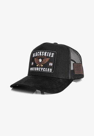 Black trucker cap with mesh back, patch reading "Blackskies American Motorcycles 2009" and eagle graphic, plus American flag on side.
