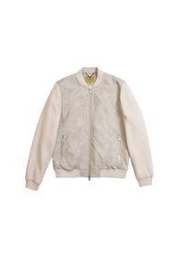Giacca bomber beige chiaro realizzata in pelle liscia e tessuto a costine; presenta tasche con zip e un colletto aderente.