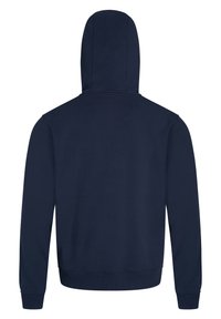 Navy hoodie with a rounded hood, long sleeves, and ribbed cuffs. Made from a smooth, textured fabric, no visible branding or patterns.