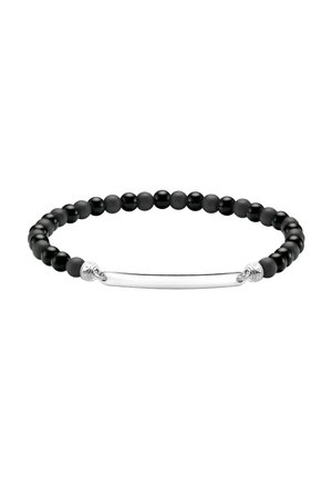 Schwarzes Perlenarmband mit abwechselnd matten und glänzenden runden Perlen und einem silbernen waagerechten Mittelstück.