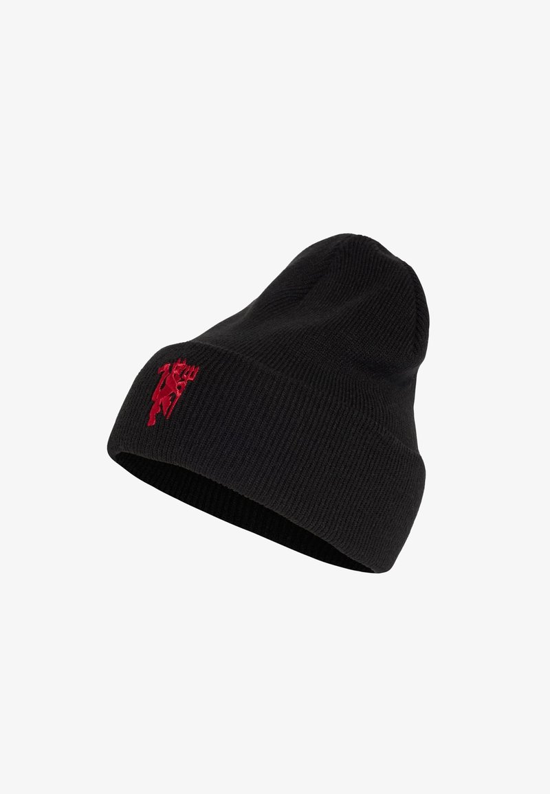 Bonnet en tricot noir avec revers plié, doté d'un petit logo rouge brodé représentant une personne tenant un drapeau sur le côté.