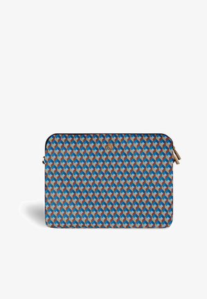 Laptop sleeve with a geometric pattern in blue, tan, and rust colors, featuring a small round gold emblem and dual zipper pulls.