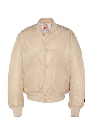 Veste bomber en nylon beige avec boutons-pression, col, poignets et ourlet côtelés, dotée de deux poches latérales et d'une doublure intérieure matelassée.