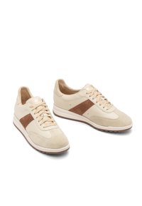 Beeži nahk- ja sametkingad pruunide ääretriipudega, beežide paeltega ja valgete talladega valgel taustal.