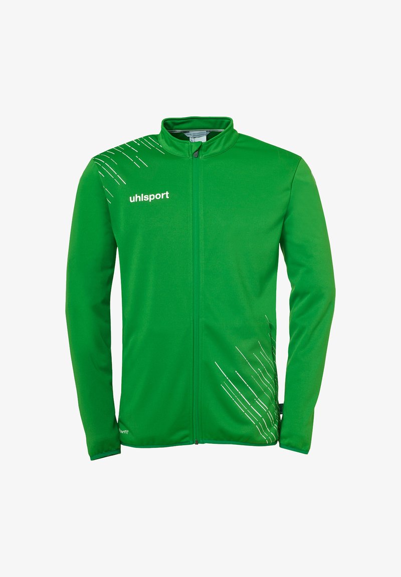 Grøn sportsjakke med fuld lynlås, lavet af glat polyester. Har hvide skrå striber og et logo på venstre bryst.