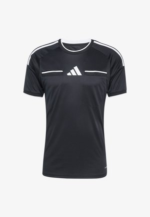 Maillot de sport Adidas noir avec des bandes blanches sur les épaules, logo centré sur la poitrine, et deux poches zippées horizontales à l'avant supérieur.