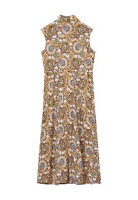 Abito senza maniche stampato floreale in beige, con colletto alla mandarino, caratterizzato da motivi paisley e foglie in verde, blu e arancione.