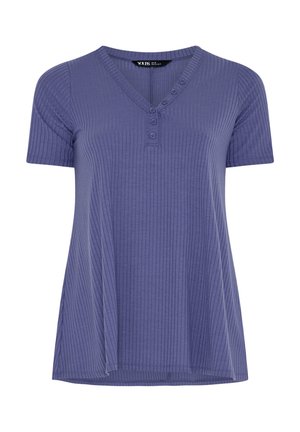 Kortärmelig paarse geribbelde top met V-hals en vier knopen op de knoopsluiting, losse pasvorm en getextureerde verticale strepen.