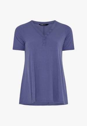 Kortärmelig paarse geribbelde top met V-hals en vier knopen op de knoopsluiting, losse pasvorm en getextureerde verticale strepen.