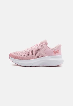 Light pink athletic shoes with a breathable mesh upper, textured design, and a cushioned sole. Features laces and logo accent on the side.