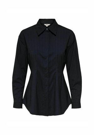 Zwart gestreept shirt met een button-down kraag, lange mouwen en een getailleerde pasvorm. Bevat dunne verticale strepen in een lichtere tint.