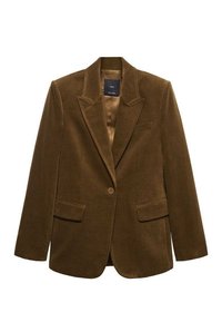 Brązowa marynarka ze sztruksu o dopasowanym kroju, z klapami z wycięciami, pojedynczym zapięciem na guzik i dwoma przednimi kieszeniami. Podszewka z gładkiego materiału.