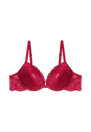 Roter Spitzen-BH mit vorgeformten Cups, gewellten Kanten und verstellbaren Trägern. Filigranes Blumenmuster über den gesamten BH, mit einem glatten Satinfinish.