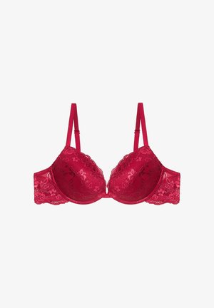 Reggiseno rosso in pizzo con coppe sagomate, bordi a onda e spalline regolabili. Motivo floreale intricato su tutta la superficie, con una finitura in satin liscia.