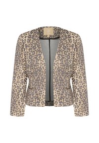 Beigefarbener und schwarzer Blazer mit Leopardenmuster, tailliert, mit offenem Vorderteil und langen Ärmeln. Weicher Stoff und minimalistisches Design.