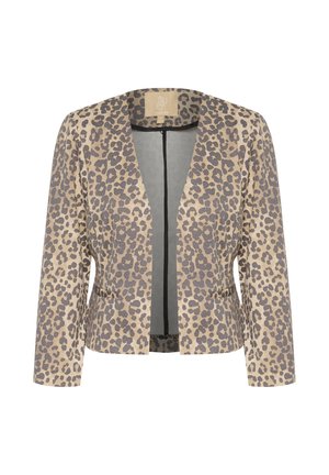 Blazer en imprimé léopard beige et noir, avec une coupe ajustée, un devant ouvert et des manches longues. Texture douce et design minimaliste.