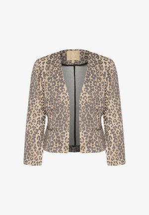 Blazer en imprimé léopard beige et noir, avec une coupe ajustée, un devant ouvert et des manches longues. Texture douce et design minimaliste.