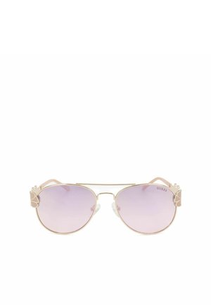 Occhiali da sole aviator con montatura in metallo, lenti gradienti viola chiaro e dettagli decorativi dorati sulle aste.