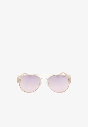 Occhiali da sole aviator con montatura in metallo, lenti gradienti viola chiaro e dettagli decorativi dorati sulle aste.