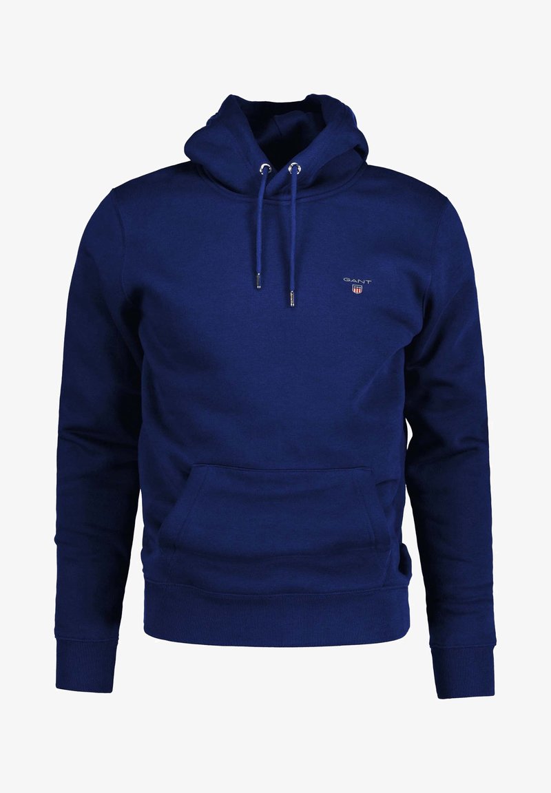 Sweat à capuche bleu marine avec poche avant, cordon de serrage, poignets côtelés et petit logo GANT sur la poitrine.