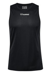 Schwarzes ärmelloses Sportshirt aus leichtem, atmungsaktivem Material; mit rundem Halsausschnitt und silbernem Logo auf der Vorderseite.