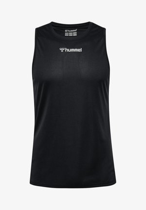 Schwarzes ärmelloses Sportshirt aus leichtem, atmungsaktivem Material; mit rundem Halsausschnitt und silbernem Logo auf der Vorderseite.