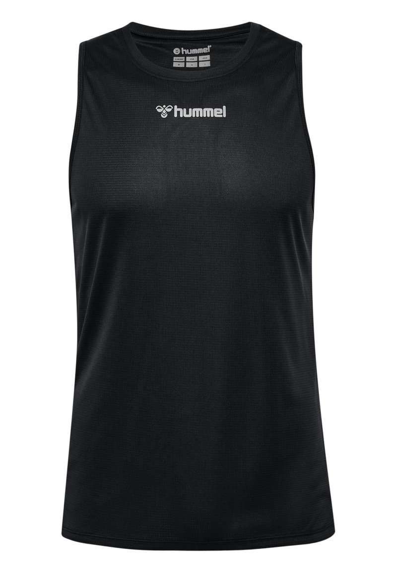 Schwarzes ärmelloses Sportshirt aus leichtem, atmungsaktivem Material; mit rundem Halsausschnitt und silbernem Logo auf der Vorderseite.