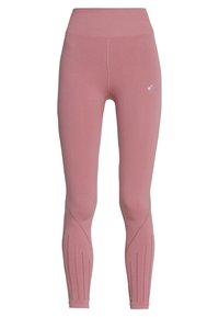 Różowe legginsy wykonane z elastycznego materiału, z wysokim paskiem w talii, zakrzywionymi szwami i siateczkowymi detalami wzdłuż dolnej części nóg.