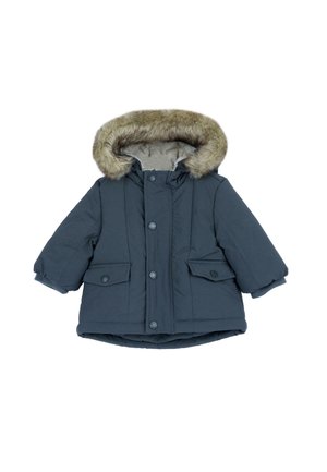 Veste d'hiver bleu marine pour tout-petit avec capuche bordée de fourrure, fermeture à boutons et poches à rabat sur fond blanc.