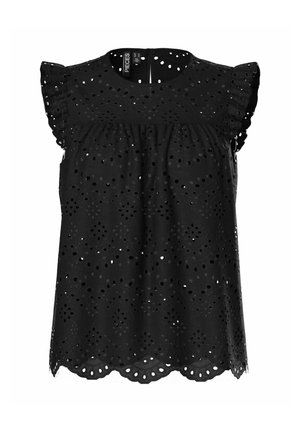 Black eyelet top with short ruffled sleeves, featuring a round neckline and scalloped hem. Pattern includes cut-out floral designs.
