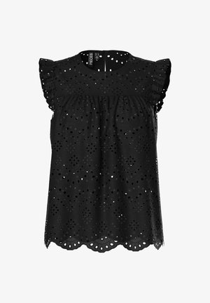 Black eyelet top with short ruffled sleeves, featuring a round neckline and scalloped hem. Pattern includes cut-out floral designs.