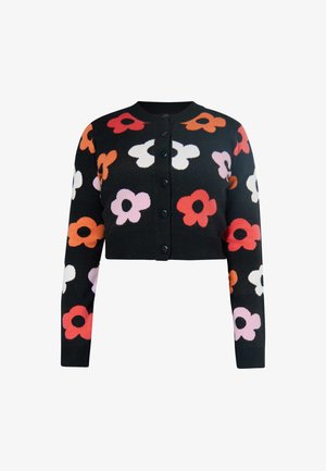 Schwarze kurze Strickjacke mit mehrfarbigen Blumenmustern in Pink, Rot, Orange und Weiß. Fünf schwarze Knöpfe auf der Vorderseite.