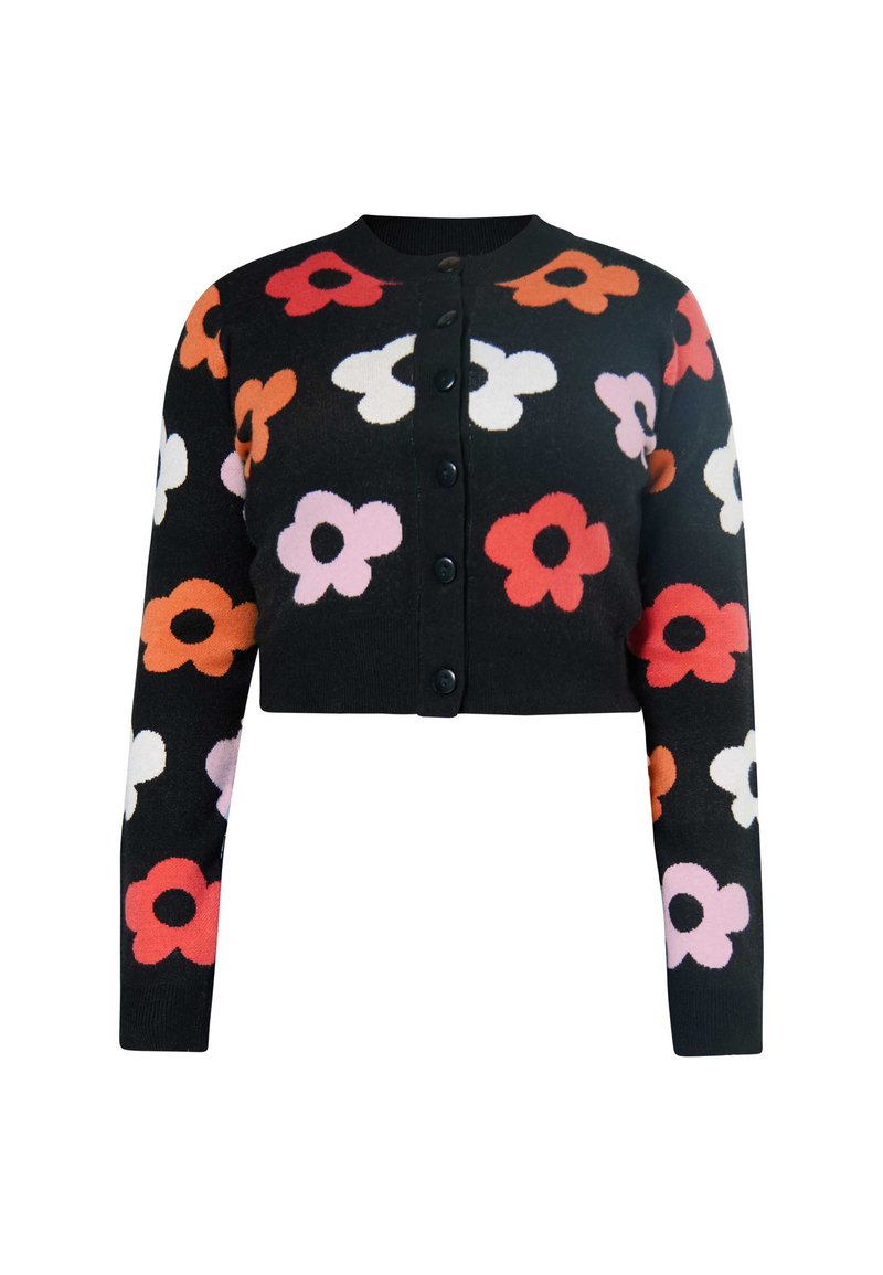 Juodas trumpas megztinis su daugiaspalvėmis gėlių dizaino detalėmis: rožine, raudona, oranžine ir balta. Penki juodi mygtukai priekyje.