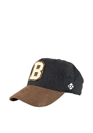 Black and brown baseball cap with a large textured letter "B" on front and a small white logo on the side.