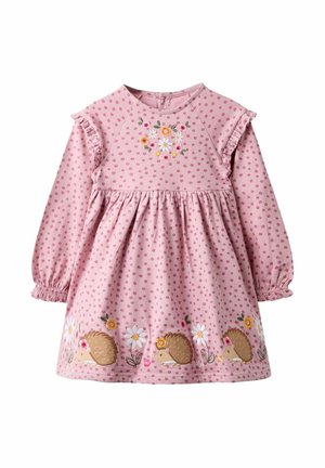 Rosa Baumwollkleid mit langen Ärmeln, Blumendruck, Rüschendetails, elastischen Bündchen und bestickten Igeln sowie Blumen am Saum.