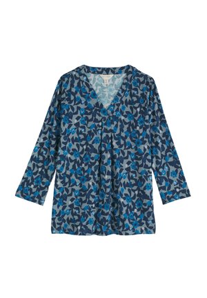 Pikkade varrukatega V-kaelusega pluus, millel on halli tausta peal sinise ja tumesinise lillemustriga, lahtise lõike ja kerge kangaga.