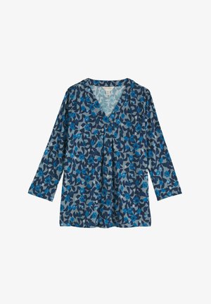 Langarm V-hals top met een blauw en donkerblauw bloemenpatroon op een grijze achtergrond, met een losse pasvorm en lichtgewicht stof.