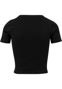 Top negru cu mânecă scurtă, cu guler rotund și un design ajustat. Fabricat dintr-un material moale și neted, cu o textură simplă și fără ornamente notabile.