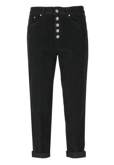 Pantaloni in corduroy neri con vita alta, cinque bottoni, due tasche frontali e orli arrotolati per una vestibilità aderente.