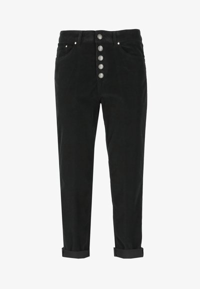 Svarte kordfløjlsbukser med høj talje, fem knapper, to forlommer og opsmøgede cuffs for et tætsiddende fit.