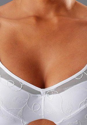 White bra with sheer mesh detailing, floral embroidery, and a plunge neckline. Smooth texture, designed with curved edges and a subtle pattern.