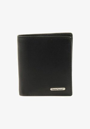 Black leather wallet with a smooth texture and a rectangular shape. Features a silver logo plate on the front. Simple stitched edges.
