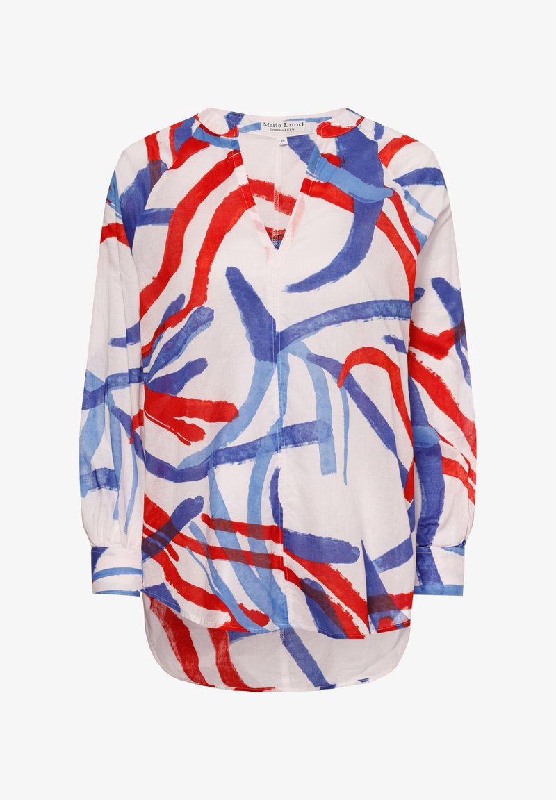 Weiße Bluse mit abstrakten roten und blauen Pinselstrichmustern, langen Ärmeln, V-Ausschnitt und abgerundetem Saum. Leichtes Material.