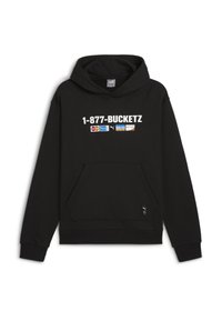 Felpa nera con cappuccio con tasca frontale, grande testo bianco "1-877-BUCKETZ" e loghi di vari brand. Materiale morbido con polsini a coste.