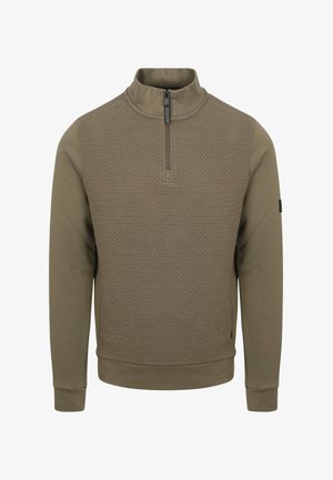 Olijfgroene fleece pullover met een gestructureerde voorkant, hoge kraag en een halve rits. Ribgebreide manchetten en zoom voor een snug fit.