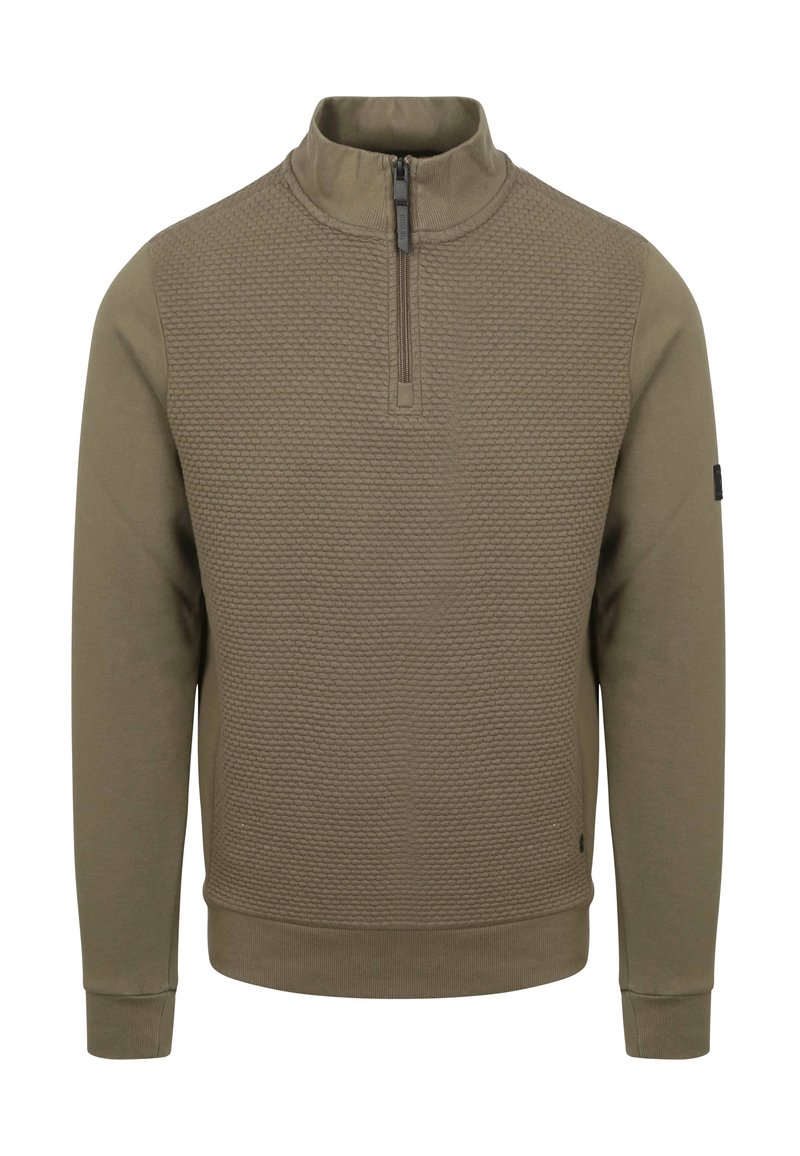 Olijfgroene fleece pullover met een gestructureerde voorkant, hoge kraag en een halve rits. Ribgebreide manchetten en zoom voor een snug fit.