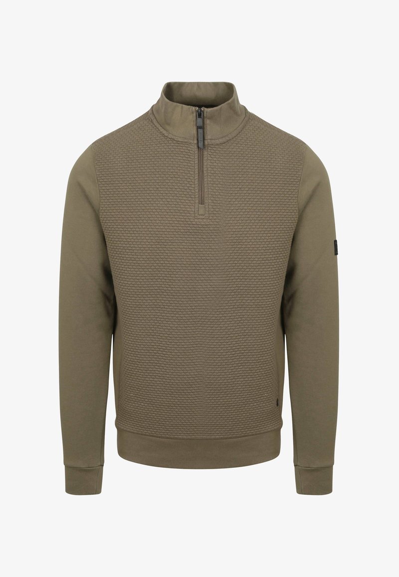 Olijfgroene fleece pullover met een gestructureerde voorkant, hoge kraag en een halve rits. Ribgebreide manchetten en zoom voor een snug fit.
