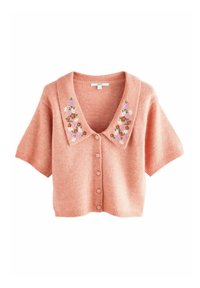Kurzärmlige Strickjacke aus weichem korallenfarbenem Wollmix mit V-Ausschnitt und floralem Stickmuster am Kragen. Mit sechs vorderen Knöpfen und gerippten Bündchen.